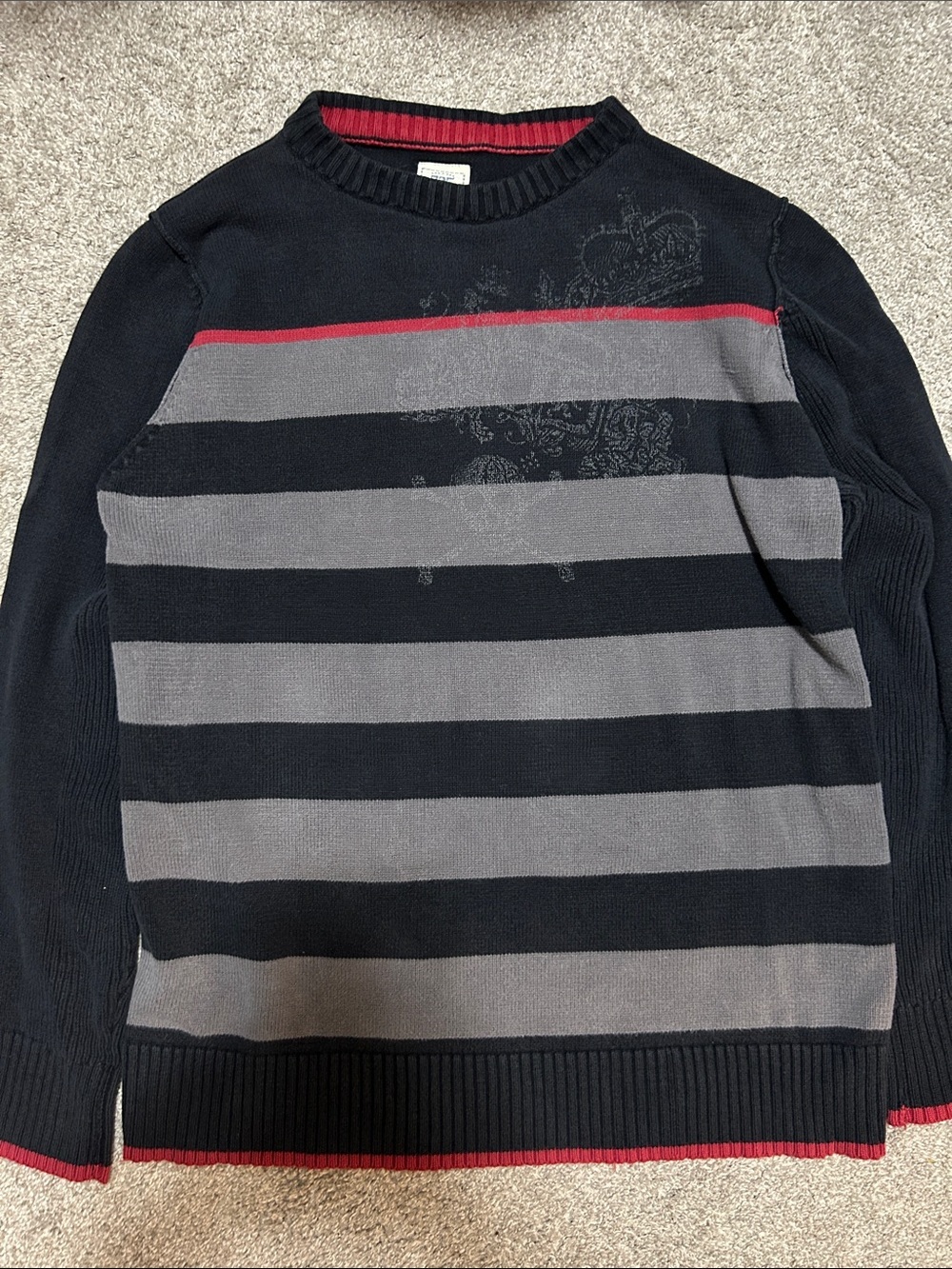 2000s 725 Affliction Style Striped Crewneck Sweater Skull Graphic Vintage